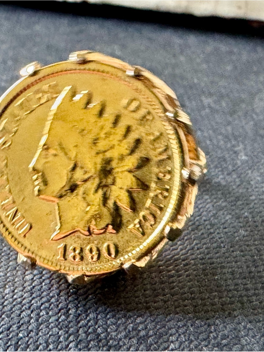 Gold 18K One Penny Coin Ring Featuring 1890 Indian Head Motif Size 6